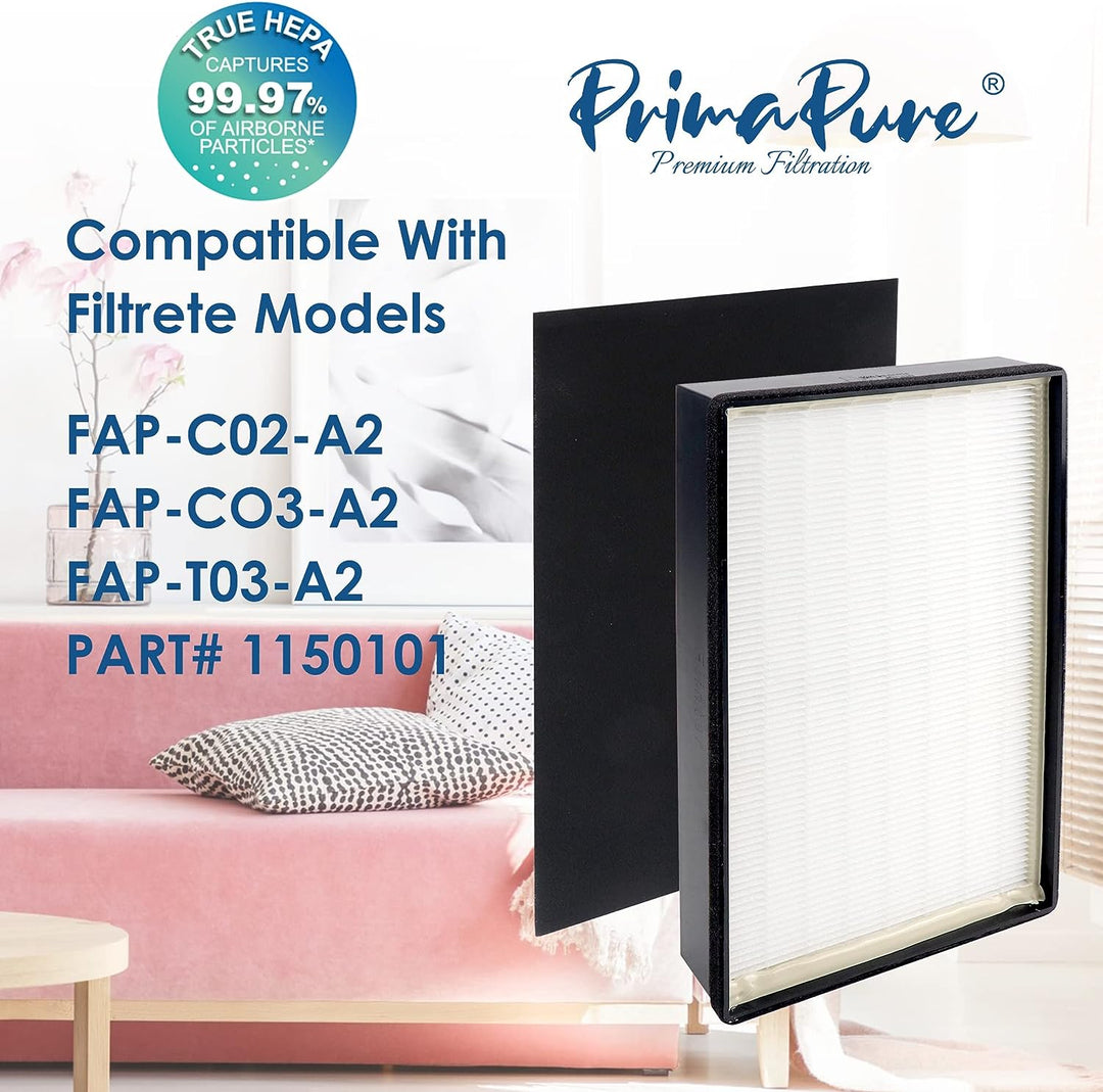 2-Pack PrimaPure H13 True HEPA Filter Replacement For Filtrete Room Air Purifier 1150101, FAP-C02-A2, FAP-C03-A2, FAP-T03-A2, FAP-SC02L, 2 HEPA Filters + 4 Carbon Filters