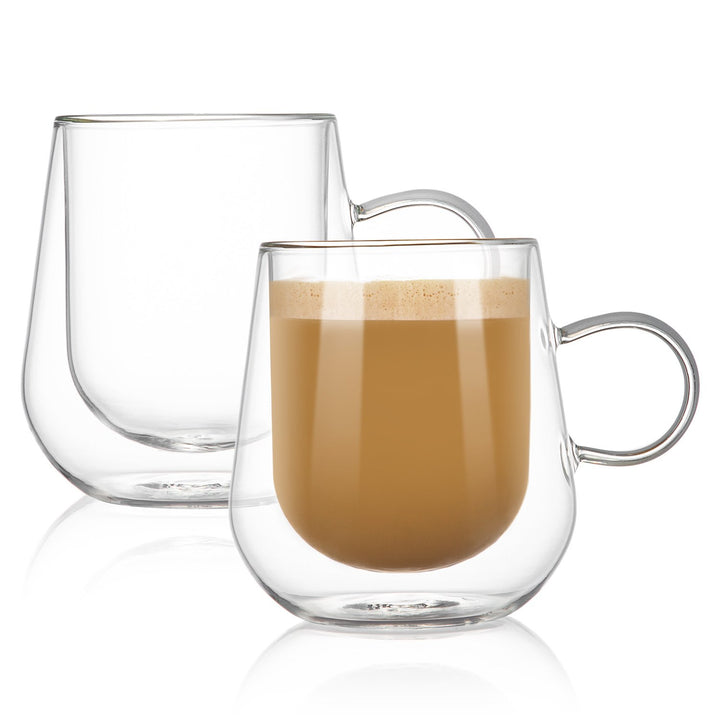 Bacimi Double Wall Insulated Coffee Mugs (Set of 2 / 12oz) - Clear Borosilicate Mug with Handle - Thermal Drinking Cups for Espresso, Cappuccino, Latte, Tea, Hot Beverage, Wine - Microwave Safe