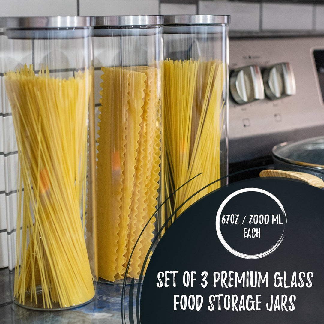 Bacimi Airtight Glass Storage Containers for Spaghetti, Pasta, Noodles, Linguini, Lasagna, Flour, Cereal, Coffee & Snacks - Multi Purpose Food Storage Jar & Canisters for Kitchen & Pantry Organization