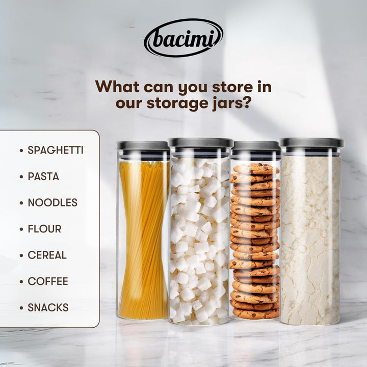 Bacimi Airtight Glass Storage Containers for Spaghetti, Pasta, Noodles, Linguini, Lasagna, Flour, Cereal, Coffee & Snacks - Multi Purpose Food Storage Jar & Canisters for Kitchen & Pantry Organization