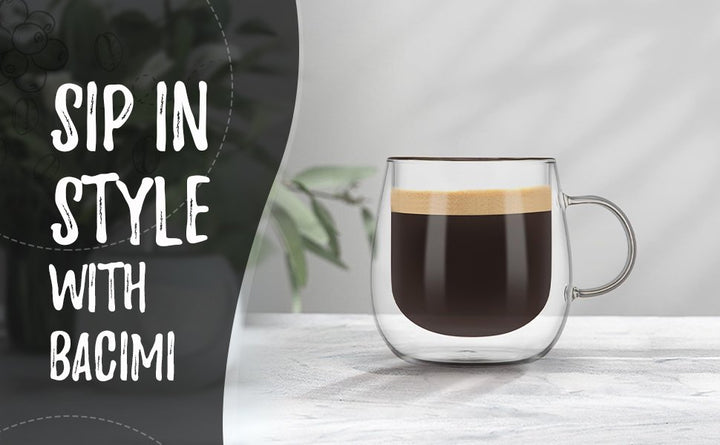 Bacimi Double Wall Insulated Coffee Mugs (Set of 2 / 10oz) - Clear Borosilicate Mug with Handle - Thermal Drinking Cups for Espresso, Cappuccino, Latte, Tea, Hot Beverage, Wine - Microwave Safe