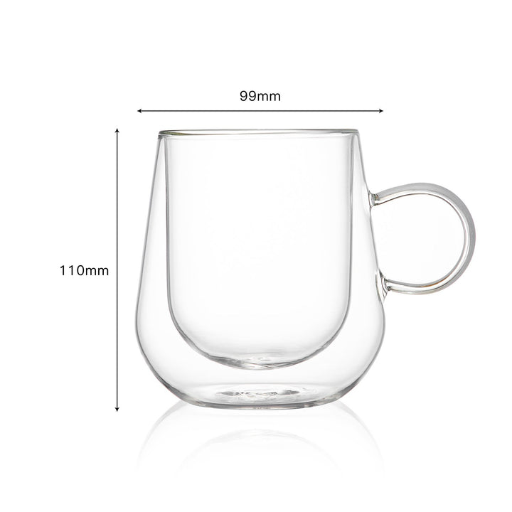 Bacimi Double Wall Insulated Coffee Mugs (Set of 2 / 12oz) - Clear Borosilicate Mug with Handle - Thermal Drinking Cups for Espresso, Cappuccino, Latte, Tea, Hot Beverage, Wine - Microwave Safe