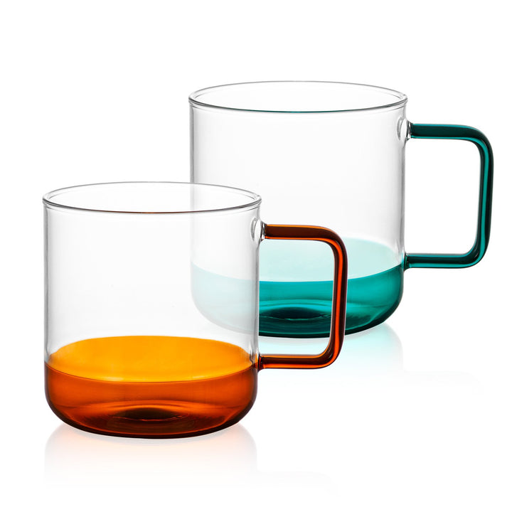 Bacimi Clear Cups with Colorful Handles - Set of 2 / 12oz - Borosilicate Glass Mugs for Cappuccino, Tea, Latte, Coffee & Hot Beverage - Drinking Cups - Microwave Safe